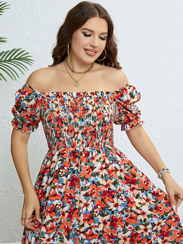 Plus size women's summer floral one-shoulder waist slimming dress by Lady Ros