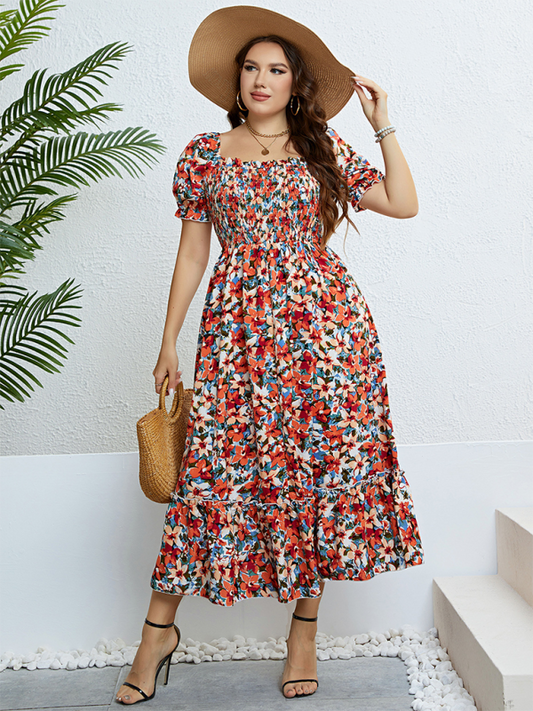 Plus size women's summer floral one-shoulder waist slimming dress by Lady Ros