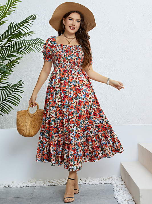 Plus size women's summer floral one-shoulder waist slimming dress by Lady Ros