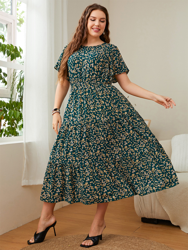Plus size women's casual round neck printed waist dress by Lady Ros