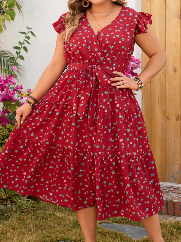 Plus size women's red printed sleeveless lace short-sleeved dress by Lady Ros