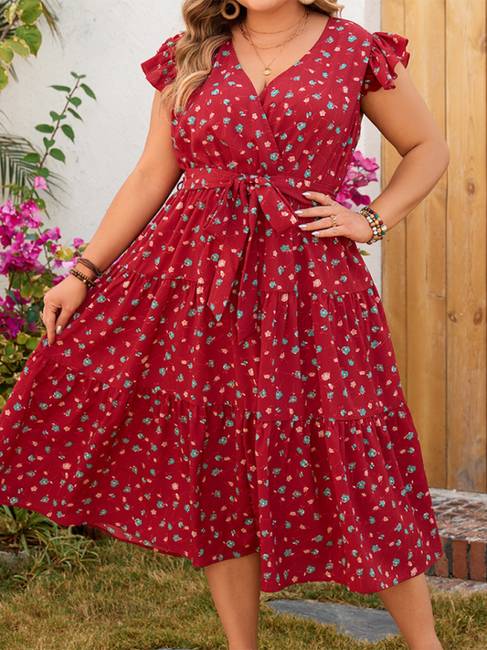 Plus size women's red printed sleeveless lace short-sleeved dress by Lady Ros