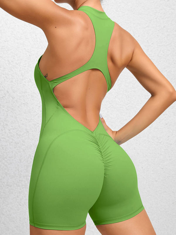 Tight zippered sports yoga pants peach hips one-piece quick-drying pleated fitness Jumpsuit by Lady Ros