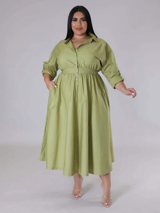 Plus Size Women's Solid Color Long Sleeve Shirt Dresses by Lady Ros