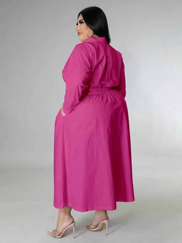 Plus Size Women's Solid Color Long Sleeve Shirt Dresses by Lady Ros