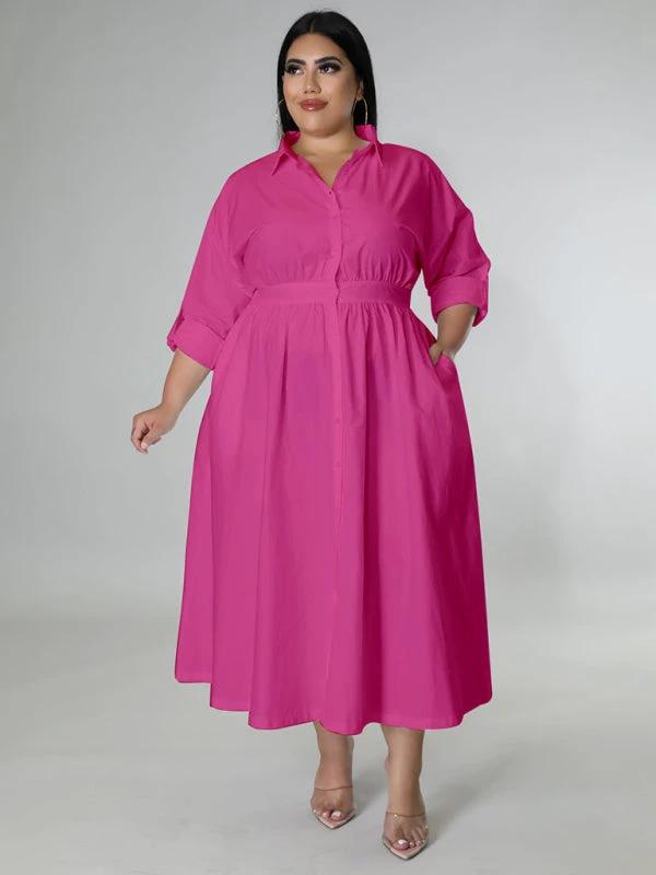 Plus Size Women's Solid Color Long Sleeve Shirt Dresses by Lady Ros