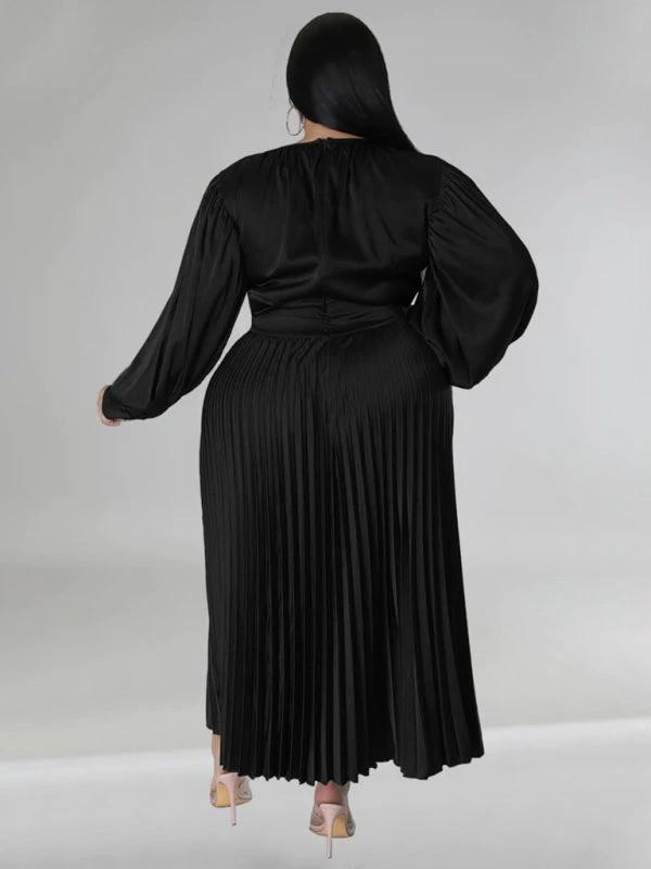Plus Size Women's Pleated Round Neck Long Sleeve Dress by Lady Ros