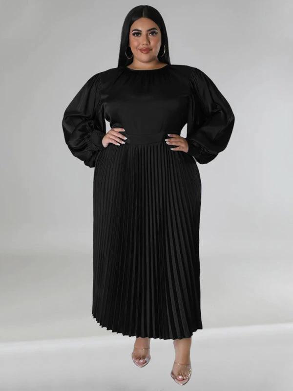Plus Size Women's Pleated Round Neck Long Sleeve Dress by Lady Ros