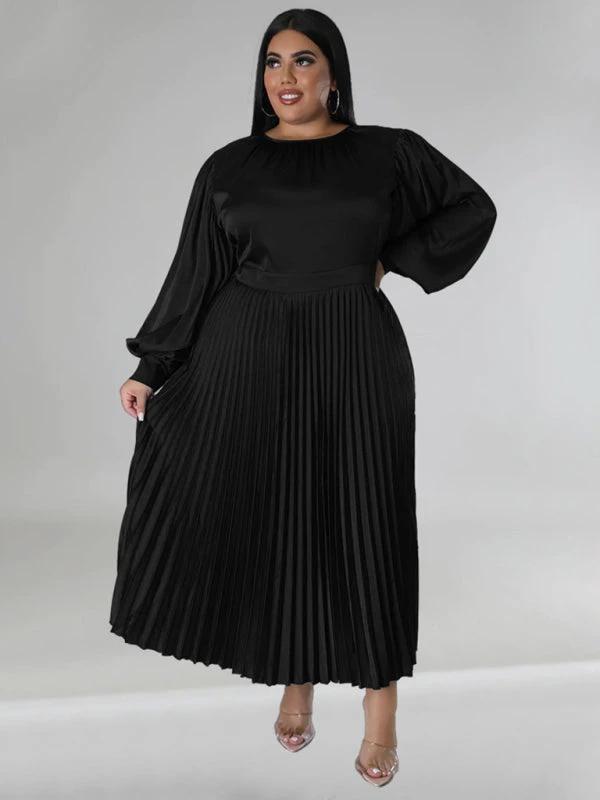 Plus Size Women's Pleated Round Neck Long Sleeve Dress by Lady Ros