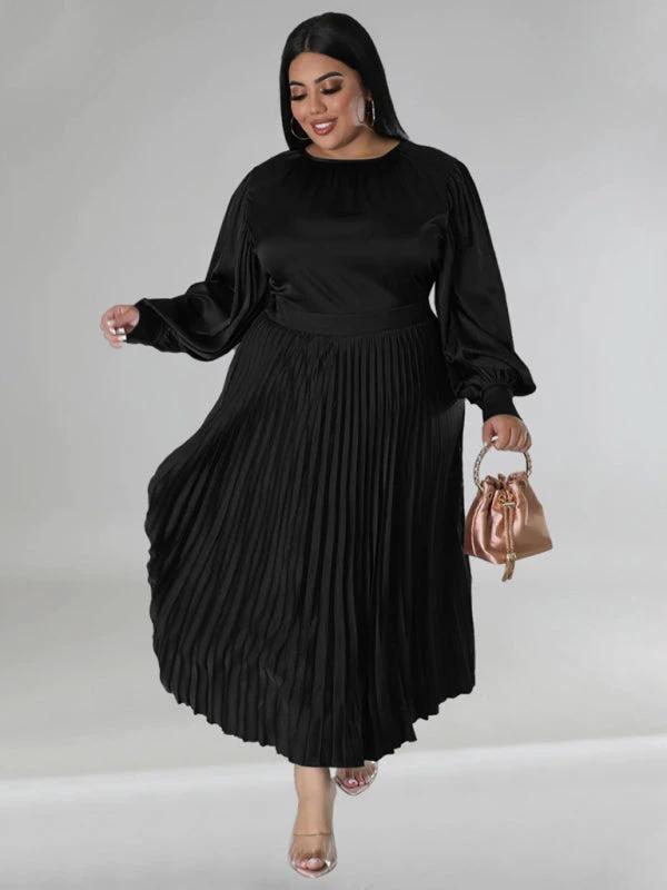 Plus Size Women's Pleated Round Neck Long Sleeve Dress by Lady Ros