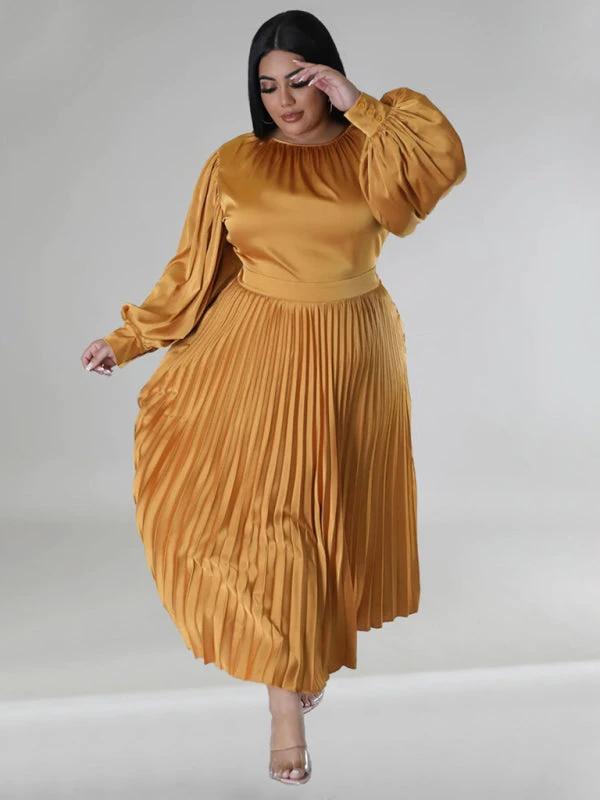 Plus Size Women's Pleated Round Neck Long Sleeve Dress by Lady Ros