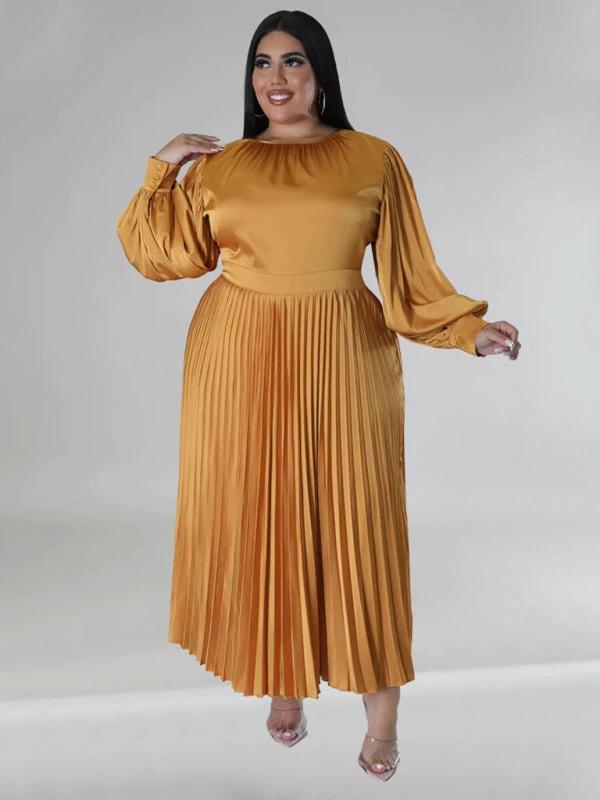 Plus Size Women's Pleated Round Neck Long Sleeve Dress by Lady Ros