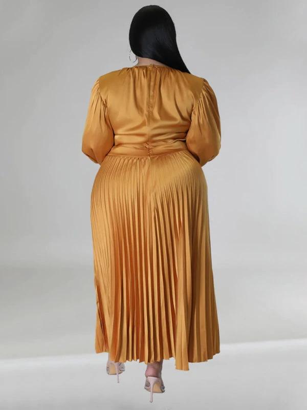 Plus Size Women's Pleated Round Neck Long Sleeve Dress by Lady Ros