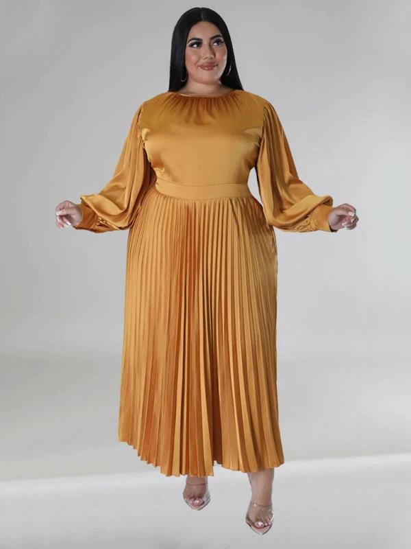 Plus Size Women's Pleated Round Neck Long Sleeve Dress by Lady Ros