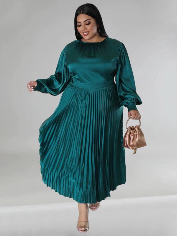 Plus Size Women's Pleated Round Neck Long Sleeve Dress by Lady Ros