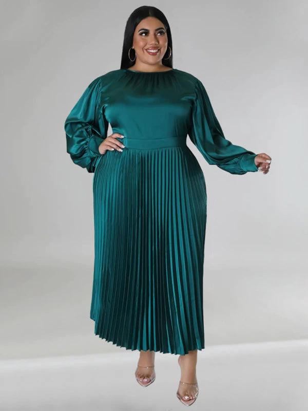 Plus Size Women's Pleated Round Neck Long Sleeve Dress by Lady Ros