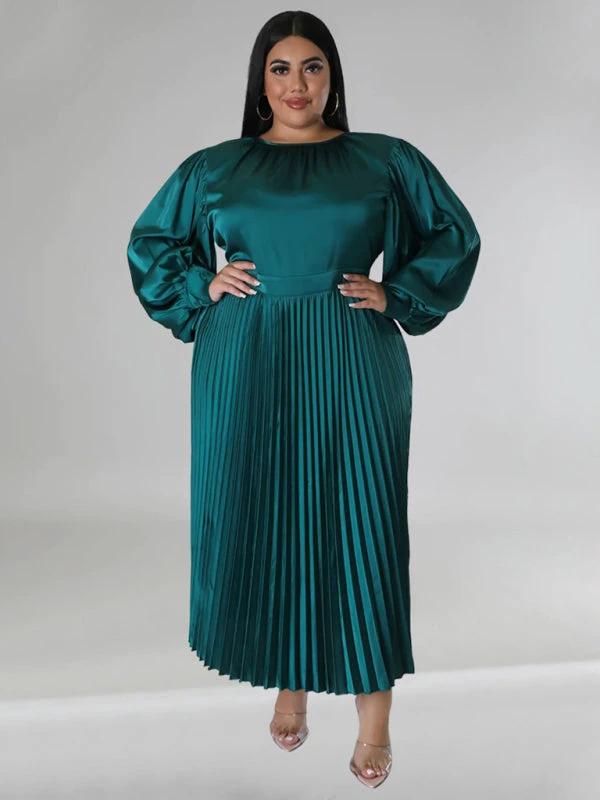 Plus Size Women's Pleated Round Neck Long Sleeve Dress by Lady Ros