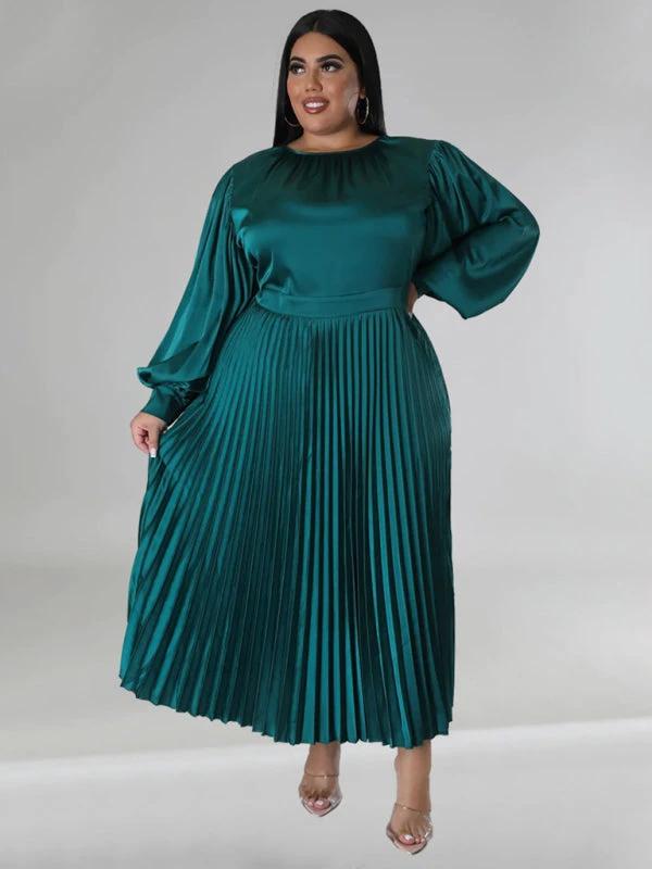 Plus Size Women's Pleated Round Neck Long Sleeve Dress by Lady Ros