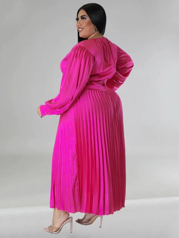 Plus Size Women's Pleated Round Neck Long Sleeve Dress by Lady Ros