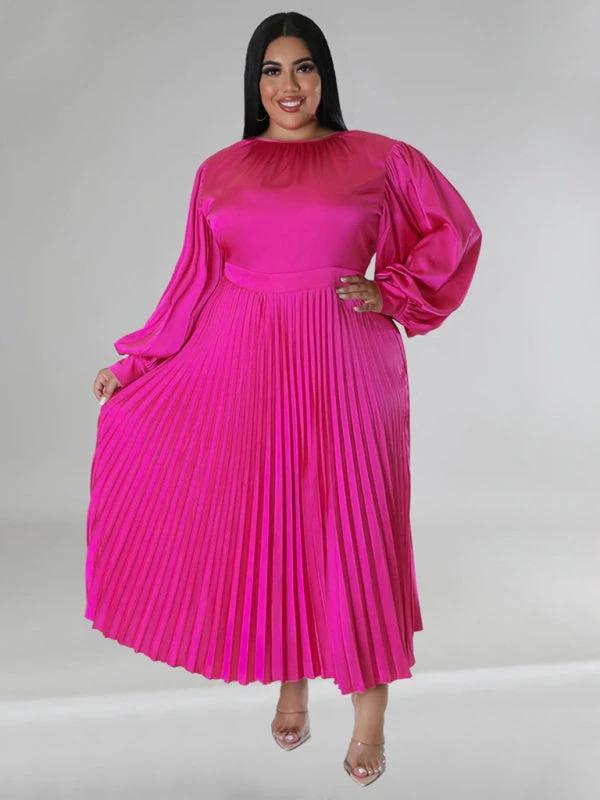 Plus Size Women's Pleated Round Neck Long Sleeve Dress by Lady Ros