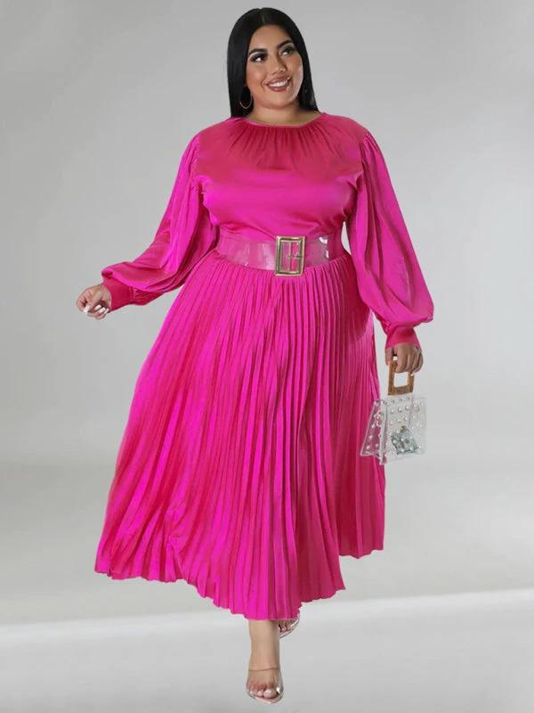 Plus Size Women's Pleated Round Neck Long Sleeve Dress by Lady Ros
