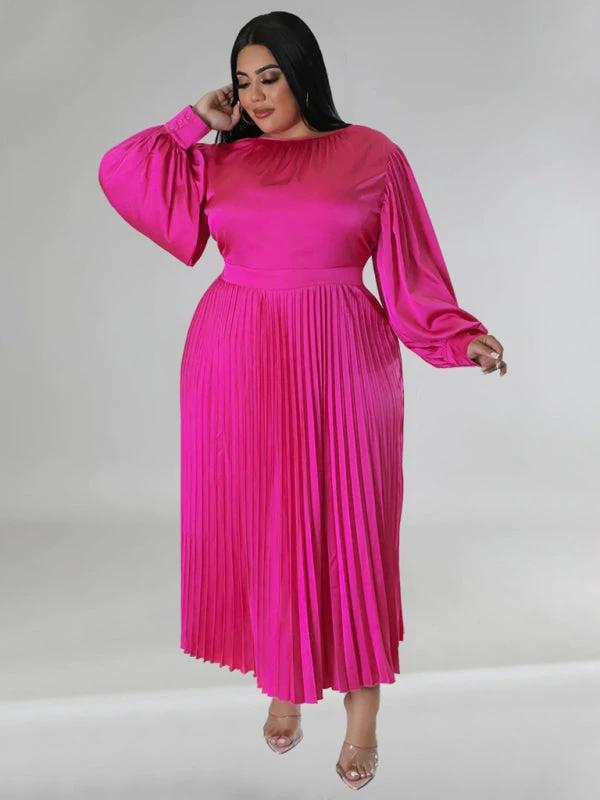 Plus Size Women's Pleated Round Neck Long Sleeve Dress by Lady Ros