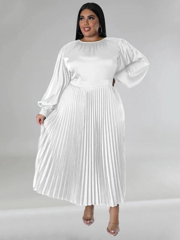 Plus Size Women's Pleated Round Neck Long Sleeve Dress by Lady Ros