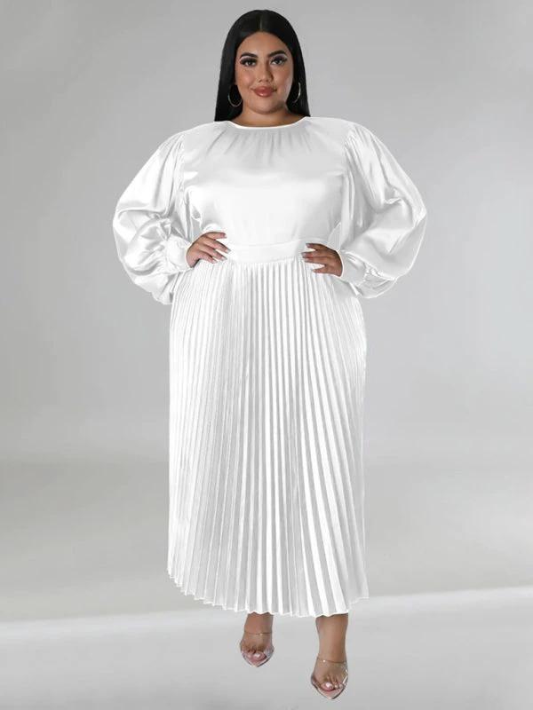 Plus Size Women's Pleated Round Neck Long Sleeve Dress by Lady Ros