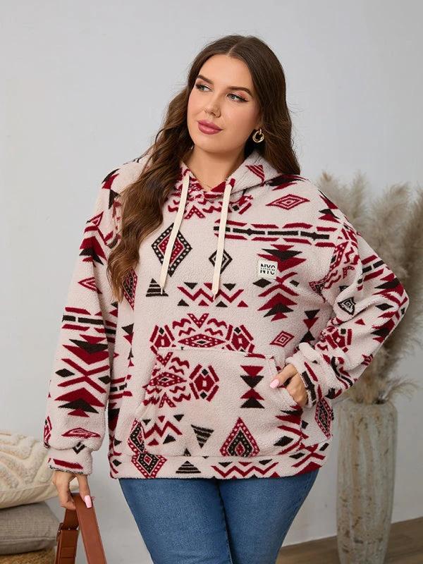 Plus size women's loose casual geometric pattern thickened plush sweatshirt jacket by Lady Ros