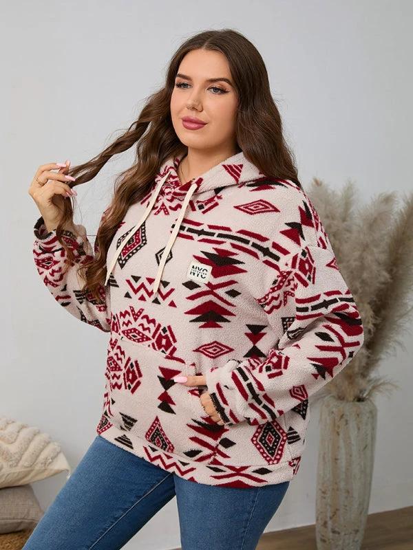 Plus size women's loose casual geometric pattern thickened plush sweatshirt jacket by Lady Ros