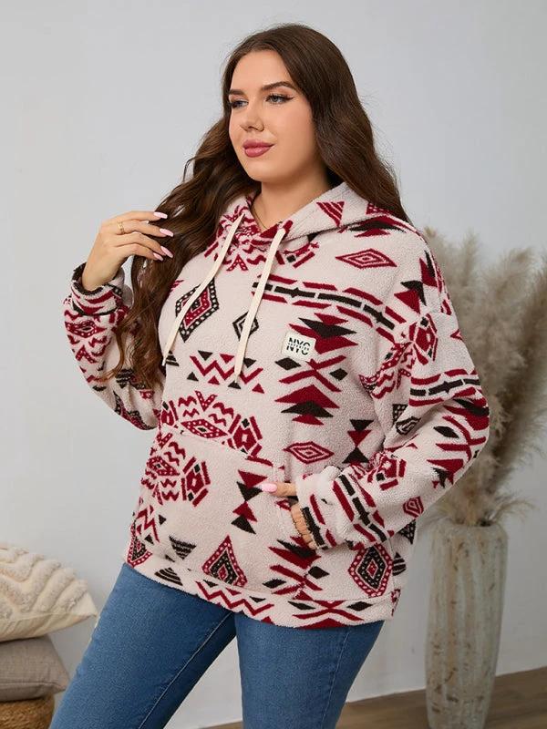 Plus size women's loose casual geometric pattern thickened plush sweatshirt jacket by Lady Ros