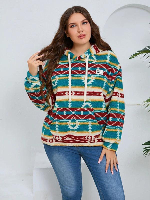 Plus size women's loose casual geometric pattern thickened plush sweatshirt jacket by Lady Ros