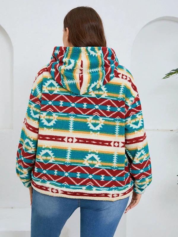 Plus size women's loose casual geometric pattern thickened plush sweatshirt jacket by Lady Ros