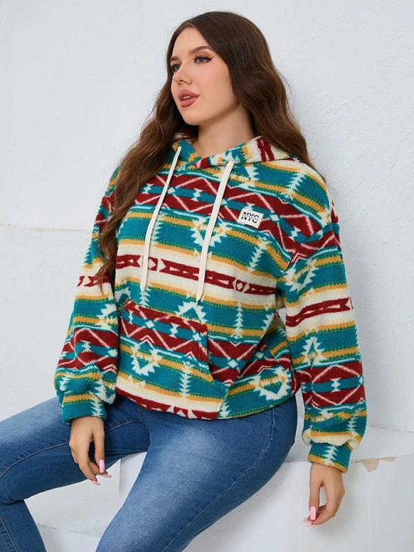Plus size women's loose casual geometric pattern thickened plush sweatshirt jacket by Lady Ros