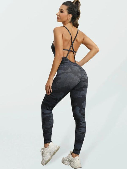 Women's Camo Athletic Jumpsuit - Cross Strap & High Waist Design by Lady Ros