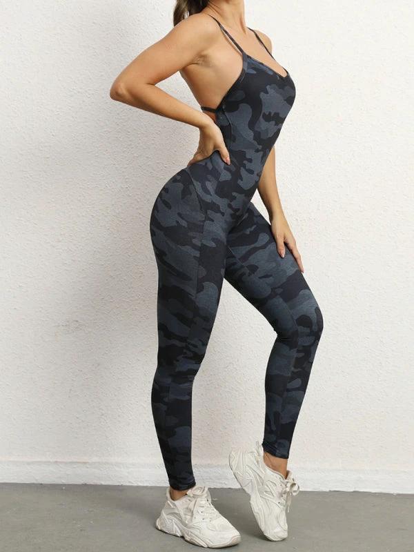 Women's Camo Athletic Jumpsuit - Cross Strap & High Waist Design by Lady Ros