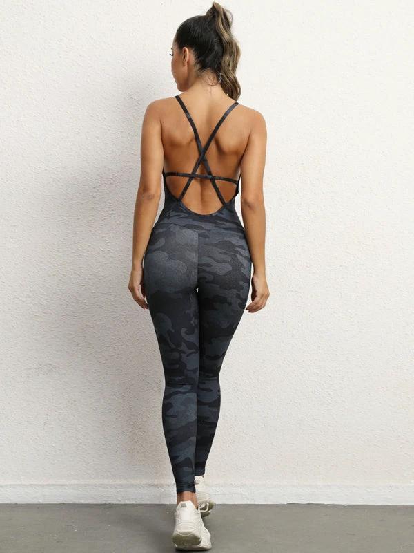 Women's Camo Athletic Jumpsuit - Cross Strap & High Waist Design by Lady Ros
