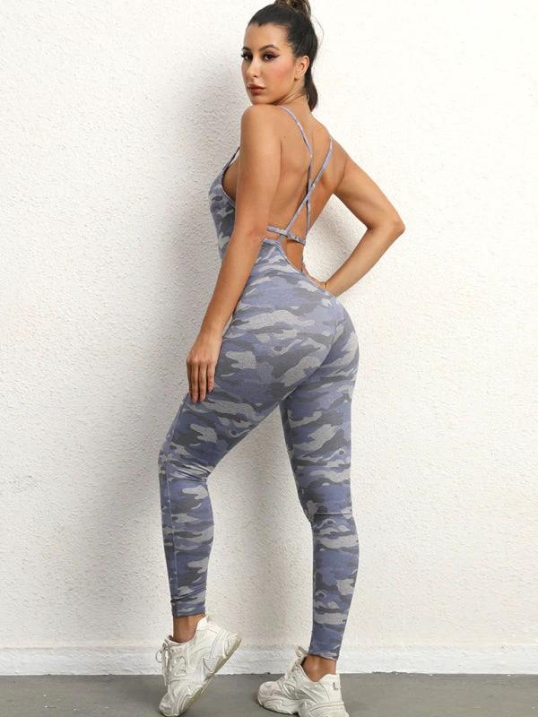 Women's Camo Athletic Jumpsuit - Cross Strap & High Waist Design by Lady Ros