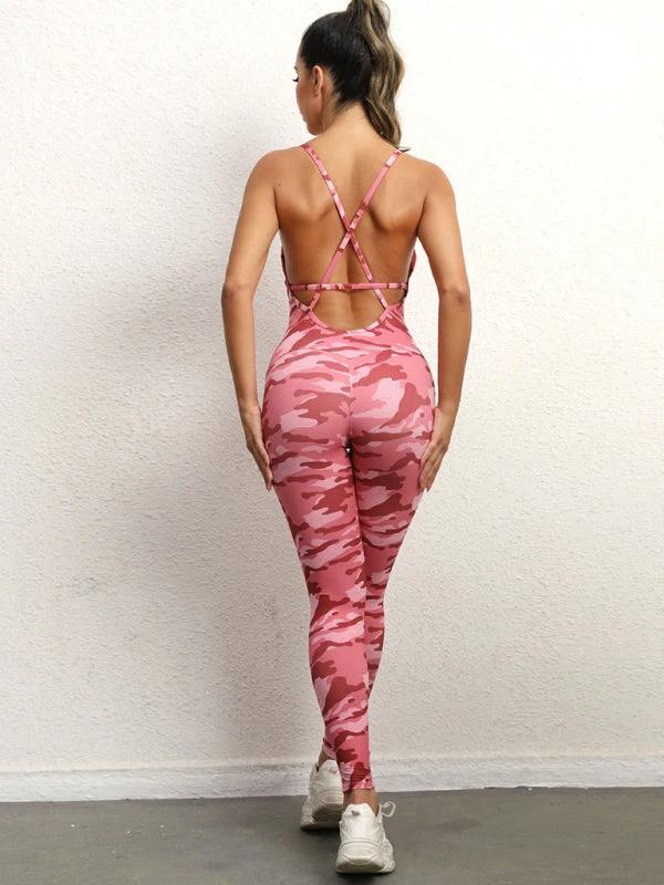 Women's Camo Athletic Jumpsuit - Cross Strap & High Waist Design by Lady Ros