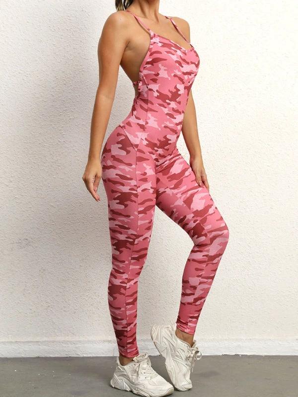 Women's Camo Athletic Jumpsuit - Cross Strap & High Waist Design by Lady Ros