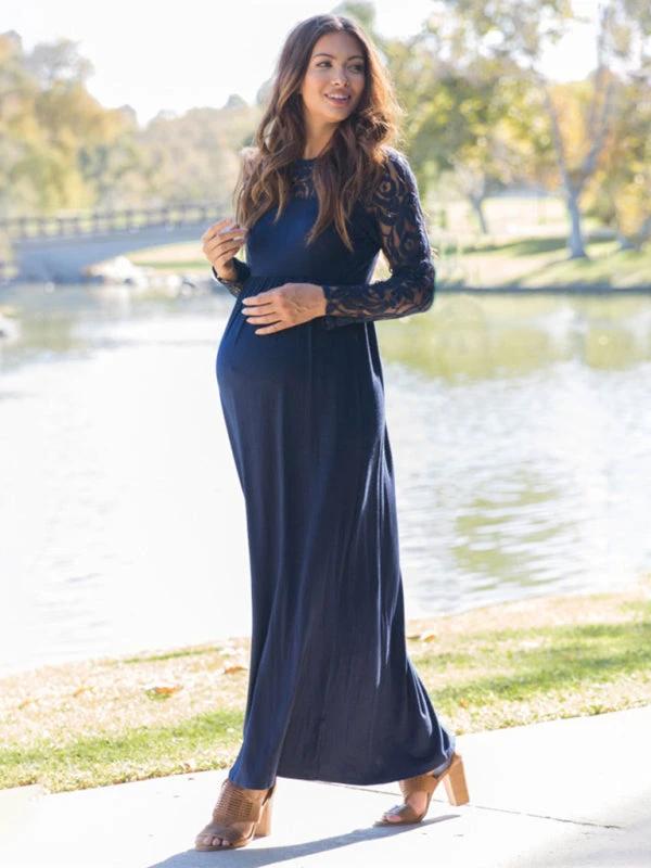 Maternity Lace Dress - Long Sleeve Round Neck Solid Color by Lady Ros