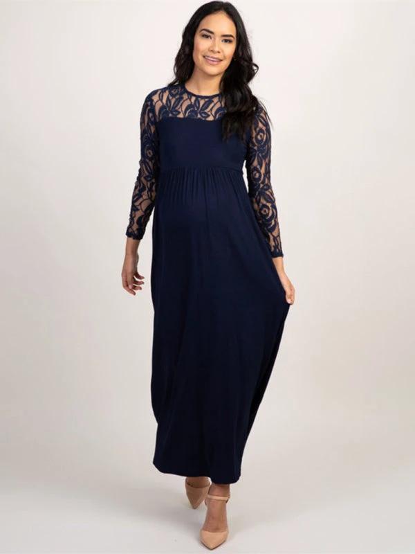 Maternity Lace Dress - Long Sleeve Round Neck Solid Color by Lady Ros