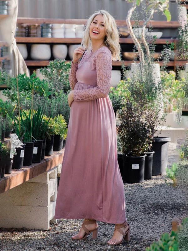 Maternity Lace Dress - Long Sleeve Round Neck Solid Color by Lady Ros