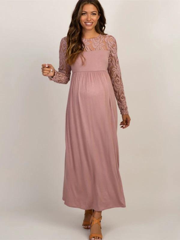 Maternity Lace Dress - Long Sleeve Round Neck Solid Color by Lady Ros