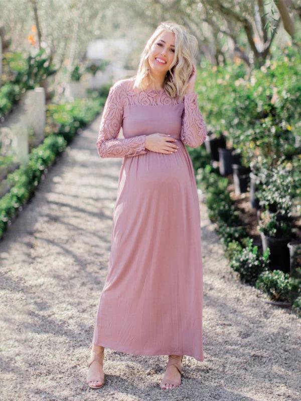 Maternity Lace Dress - Long Sleeve Round Neck Solid Color by Lady Ros