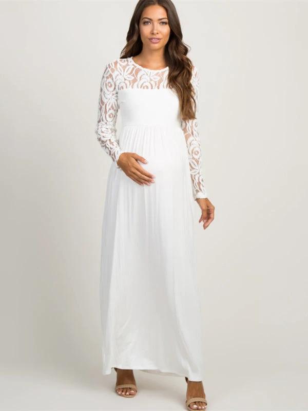 Maternity Lace Dress - Long Sleeve Round Neck Solid Color by Lady Ros