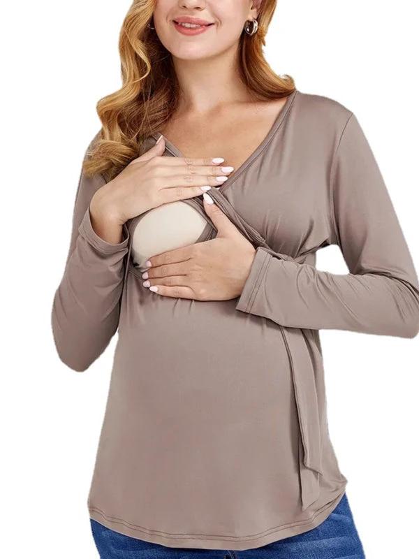European and American solid color nursing V-neck long-sleeved maternity dress by Lady Ros