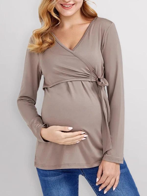 European and American solid color nursing V-neck long-sleeved maternity dress by Lady Ros