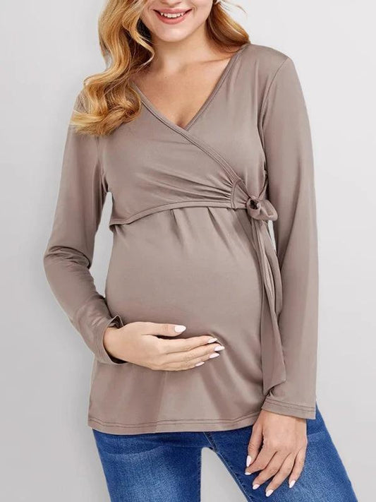 European and American solid color nursing V-neck long-sleeved maternity dress by Lady Ros