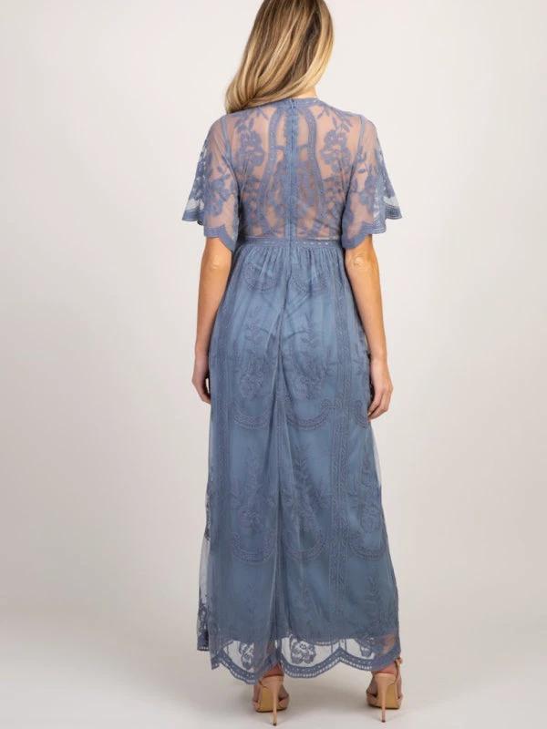 Maternity Lace Dress - Short Sleeve V-Neck High Waist Dress by Lady Ros